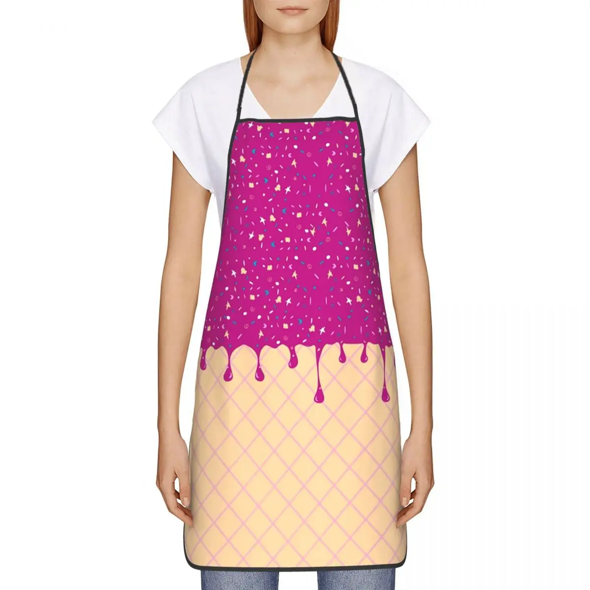 Funny Melting Strawberry Ice Cream Bib Aprons Women Men Kitchen Chef Waffle Pattern Tablier Cuisine for Cooking Baking Gardening