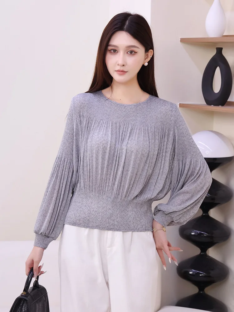 Miyake plissado camiseta outono 2025 novo elegante simples cor sólida plissado camiseta solta plus size cem topos de manga comprida