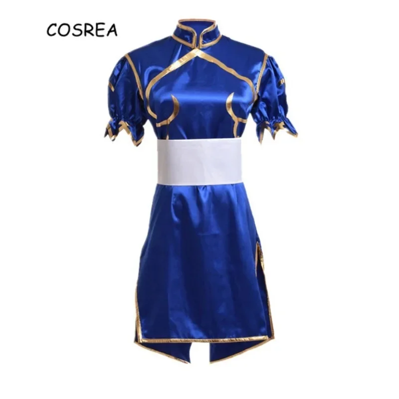 Disfraces de Cosplay de Chun para mujer y niña, traje de Sutorito, Faita, vestido Cheongsam azul, cinturón, tocado con ropa, juego de rol