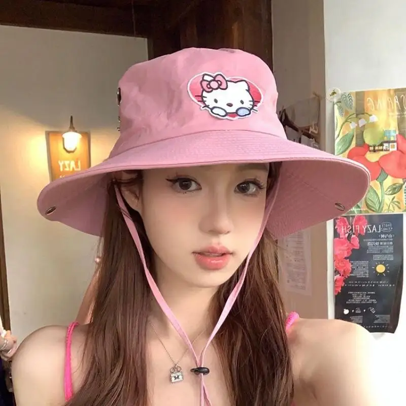 Hello Kitty Big Eaf Mountaineering Hat Anime Cartoon Sanrio Outdoor Camping Sunshade Hat Female Big Head Fisherman Hat