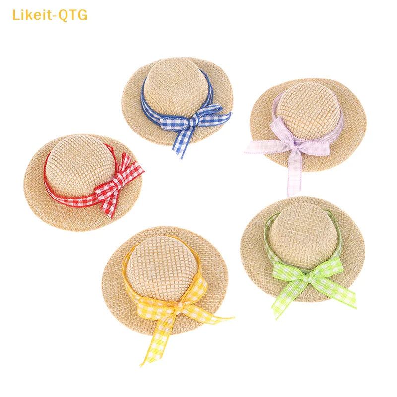 

Hot！2Pcs Miniature Straw Hat Mini Doll Straw Hats With Bow Hat Doll House Ornament Hand Weaved Dollhouse Accessories