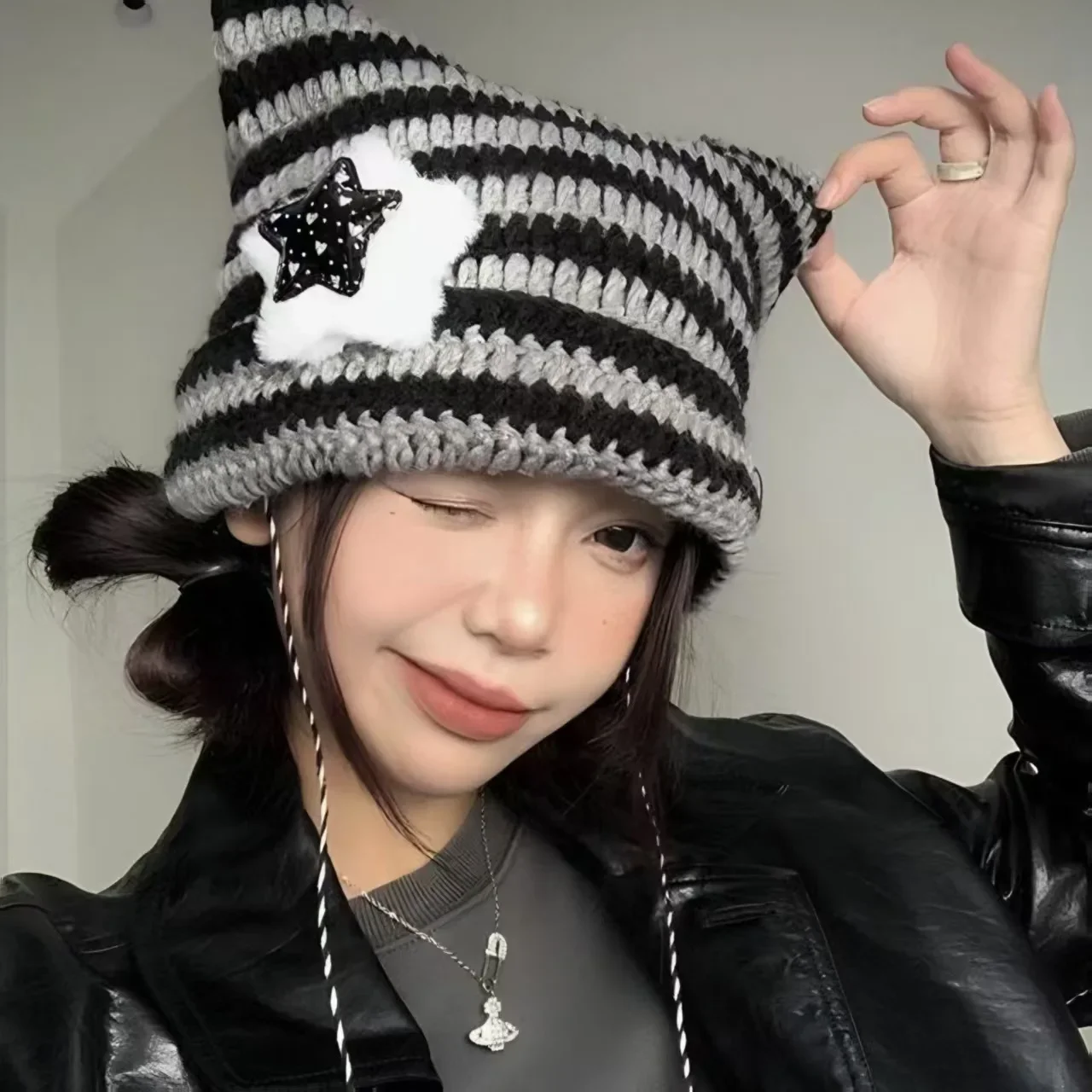 

Women Ins Warm Ear Striped Knitted Wool Cap Y2K Beanie Hat Autumn Winter Hip-hop Crochet Cute Cat Ears Pointed Pullover Hats