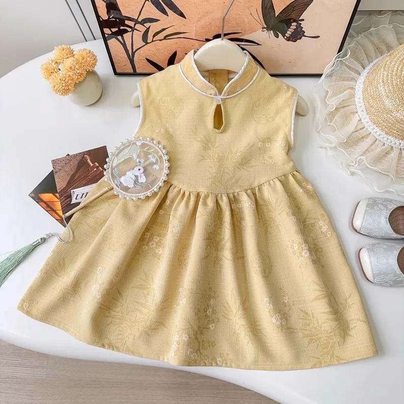 New Chinese Girls' Dress 2025 Summer New National Style Jacquard Disc Buckle Flower Bud Cheongsam Skirt Children's Neck Skirt
