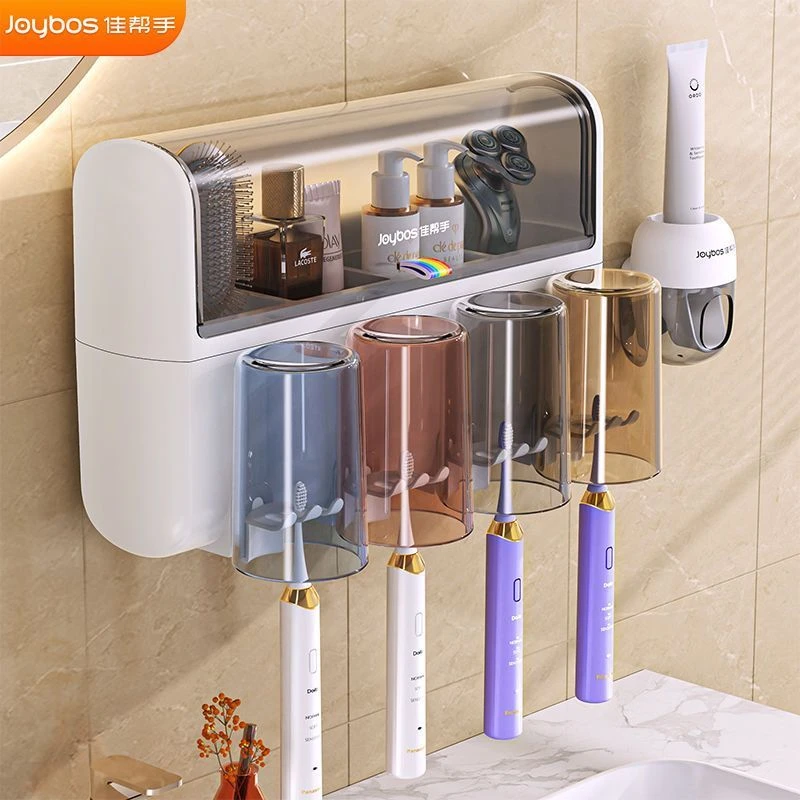 Toothbrush Holder Family Set Wall Mounted Bathroom Toothpaste Dispenser 3&4 Cups Dust Proof Shelf Storage Rack Organizer