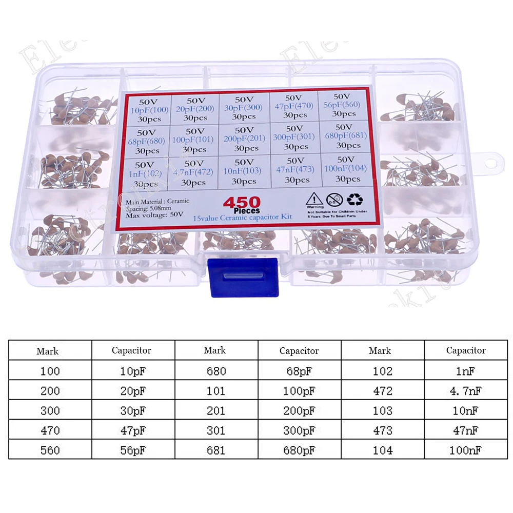 

450pcs 15Value 50v Multi-layer Monolithic Capacitor Mixed kit 10pF20pF30pF47pF56PF68PF100pF200pF300pF680pF1nF4.7nF10nF47nF100nF