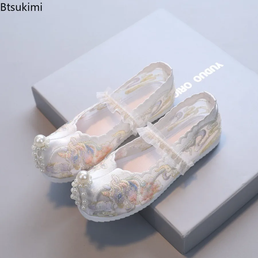 New Girls Flat Shoes Kids Embroidery Cloth Shoes Vintage Ethnic Casual Loafers Chinese Style Festival Party Princess Hanfu Shoes