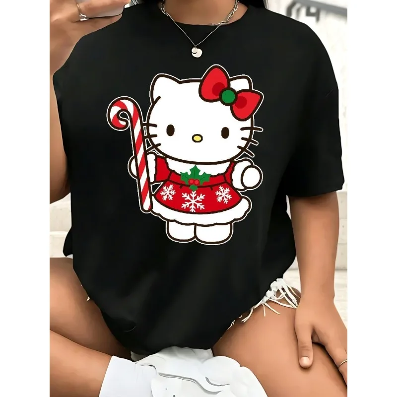 

Sanrio for Hello Kitty Christmas T-shirt with Round Neck, Red Bow and Candy Bar Design Soft and Casual Holiday Women's Top