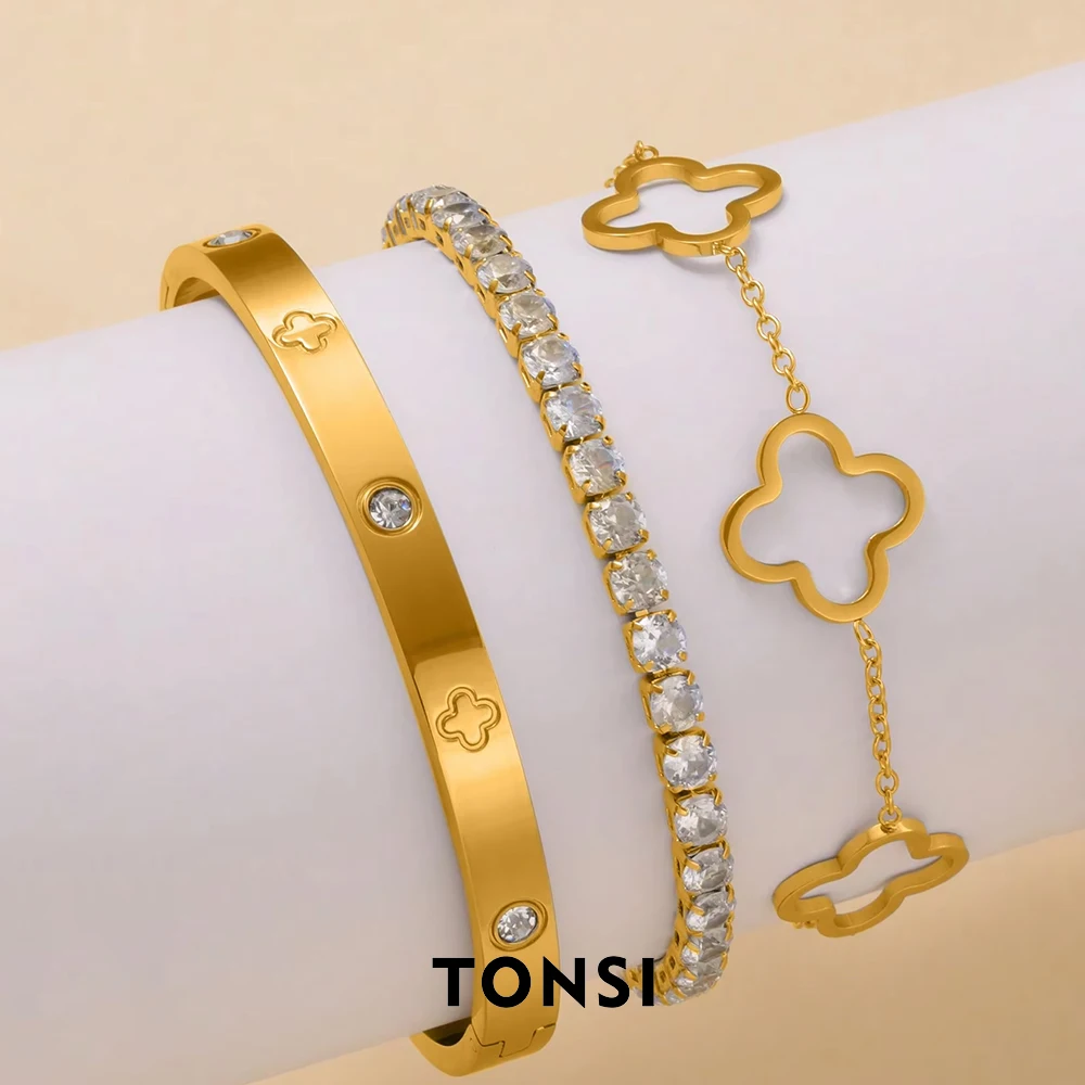 3 Pieces Fashion Luxury Clover Zirconia Bracelet Stainless Steel Women's Jewellery Set Suitable for Daily Wear or Gifts