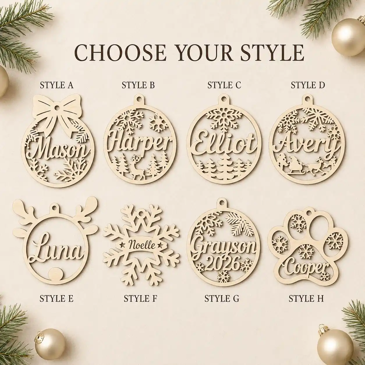 Personalized Wooden Christmas Ornament Custom Name Bauble Laser Cut Snowflake Ball Hanging Tag for Xmas Tree Decor Holiday Gift