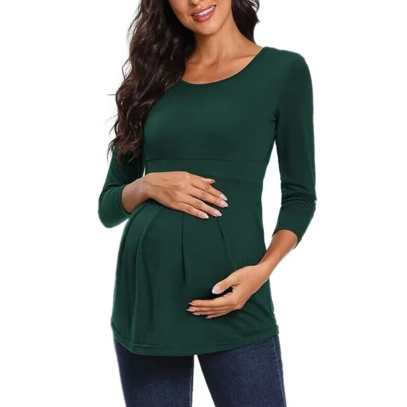 Women's Maternity Tops Round Neck Solid Maternity Long Sleeve Base T-shirt High Stretch Comfortable Soft Maternity Clothing