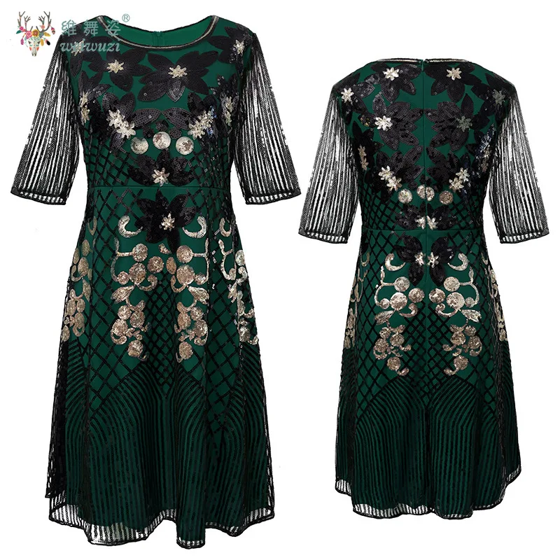 Vintage vrouwen ronde hals half mouw borduren pailletten jurk knielengte glanzende lovertjes a-lijn party vestidos jurk groot formaat