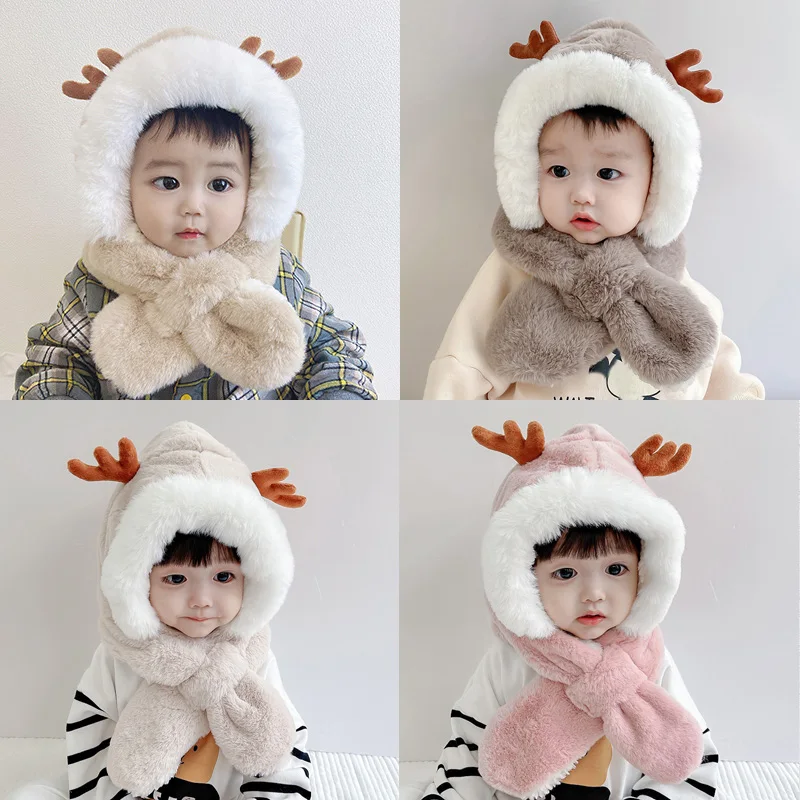 Faux Fur Winter Baby Hat Scarf One-Piece Soft Kids Cap for Girls Boys Cartoon Warmer Neck Ears Baby Bonnet Infant Accessories