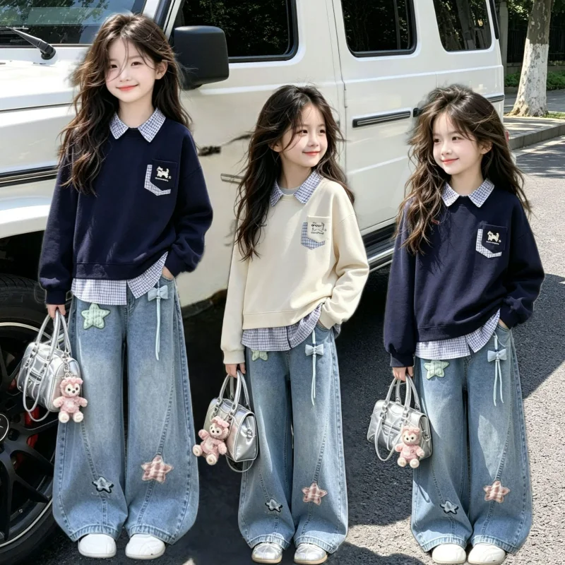 Autumn Teenage Girls Clothes Set Children Shirts and Denim Casual Wide-Leg Pants Suit Student Long Sleeve Top Bottom Outfits