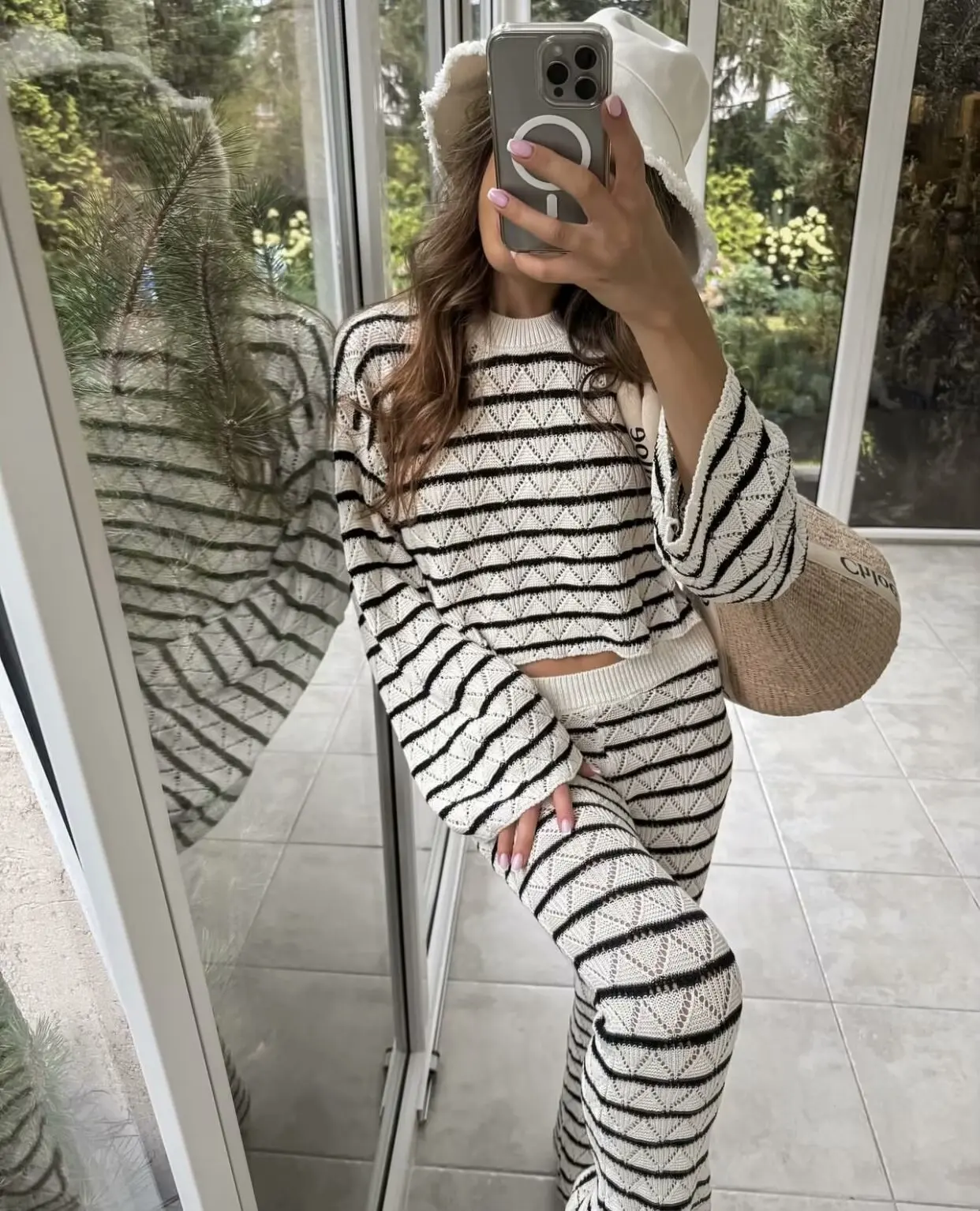 UETEEY 2024 Women's Striped Knitted Two-piece Round Neck Hollow Suit & Knitted Bell Bottoms Suit Clothing Supply Chain