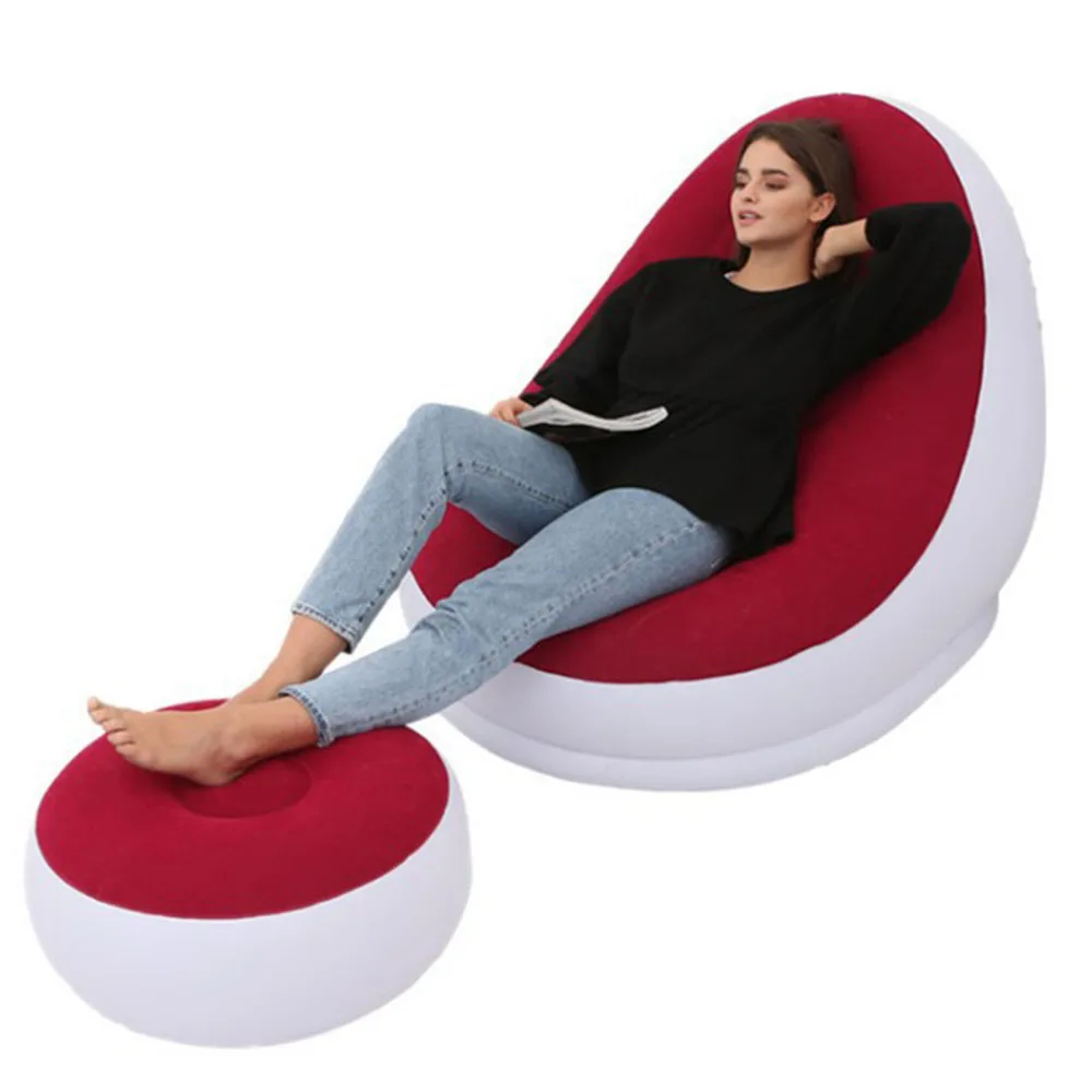 1pc Red Inflatable Sofa with Footstool PVC Flocking Surface Lazy Sofa Living Room Bedroom Lounge Chair Desk Chair