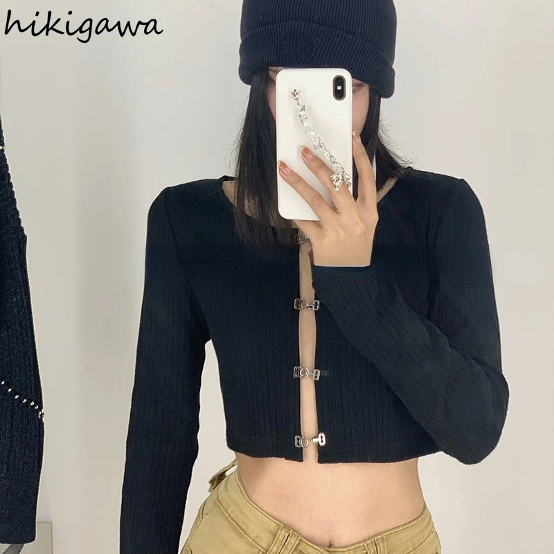 Cropped Cardigans Fashion Knitted 2 Piece Set Women Long Sleeve Black Sweater White Sleeveless Vest Suit Pull Femme Y2k Clothes