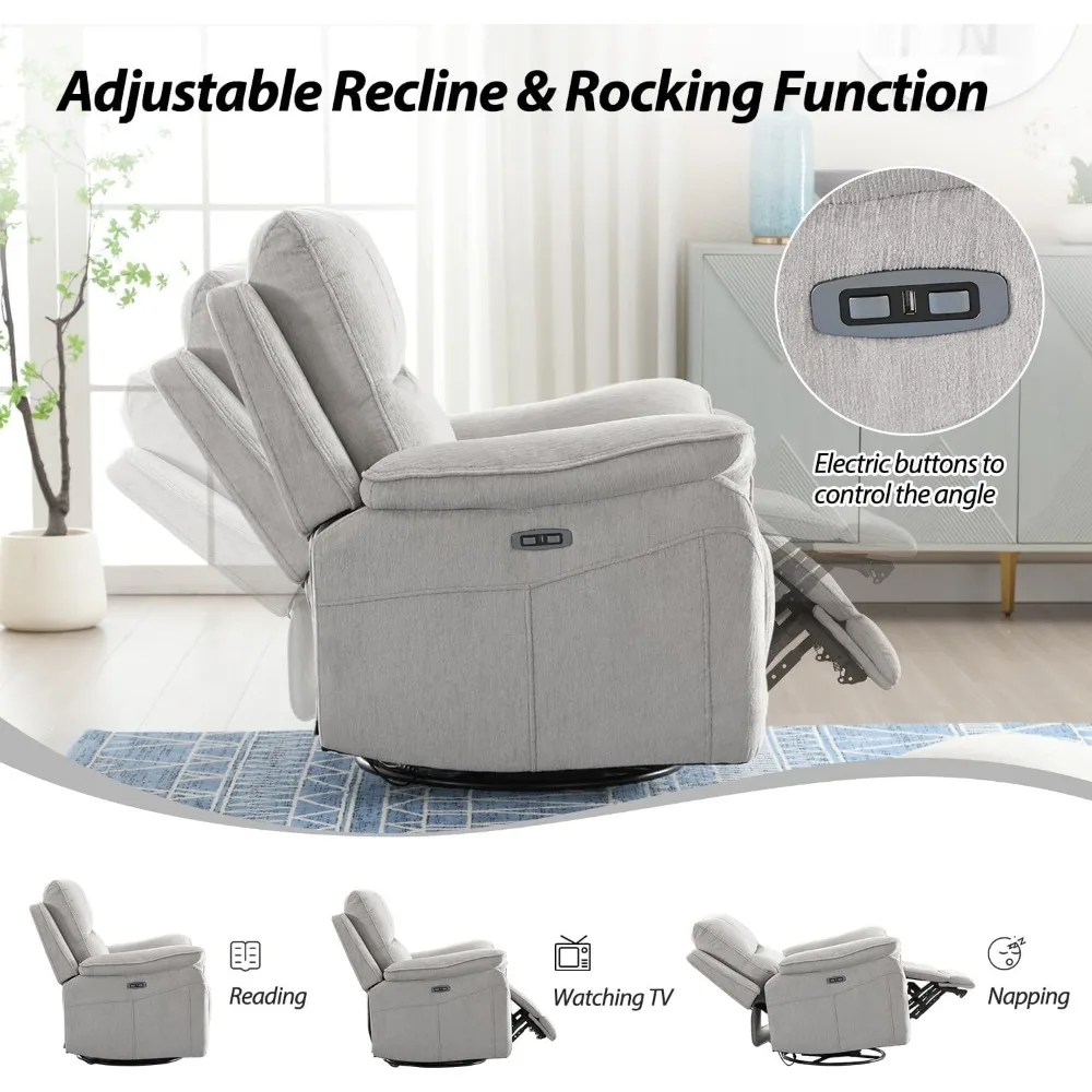 Power Recliner Swivel Glider, Fabric Electric Swivel Recliner Rocker with Overstuffed Backrest, Power Chair Reclining Sofa