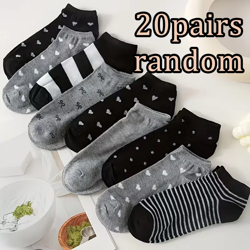 

20 Pairs Unisex Family Matching Barefoot Socks Set - Black/Gray Random Series with Butterfly Bow Heart Stripe Patterns
