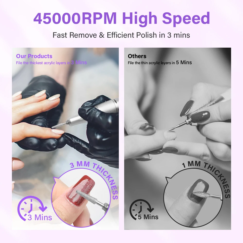 Fresa per Unghie Professionale Ricaricabile 45000RPM con Display HD, Penna Elettrica per Manicure in Metallo, Levigatrice per Unghie