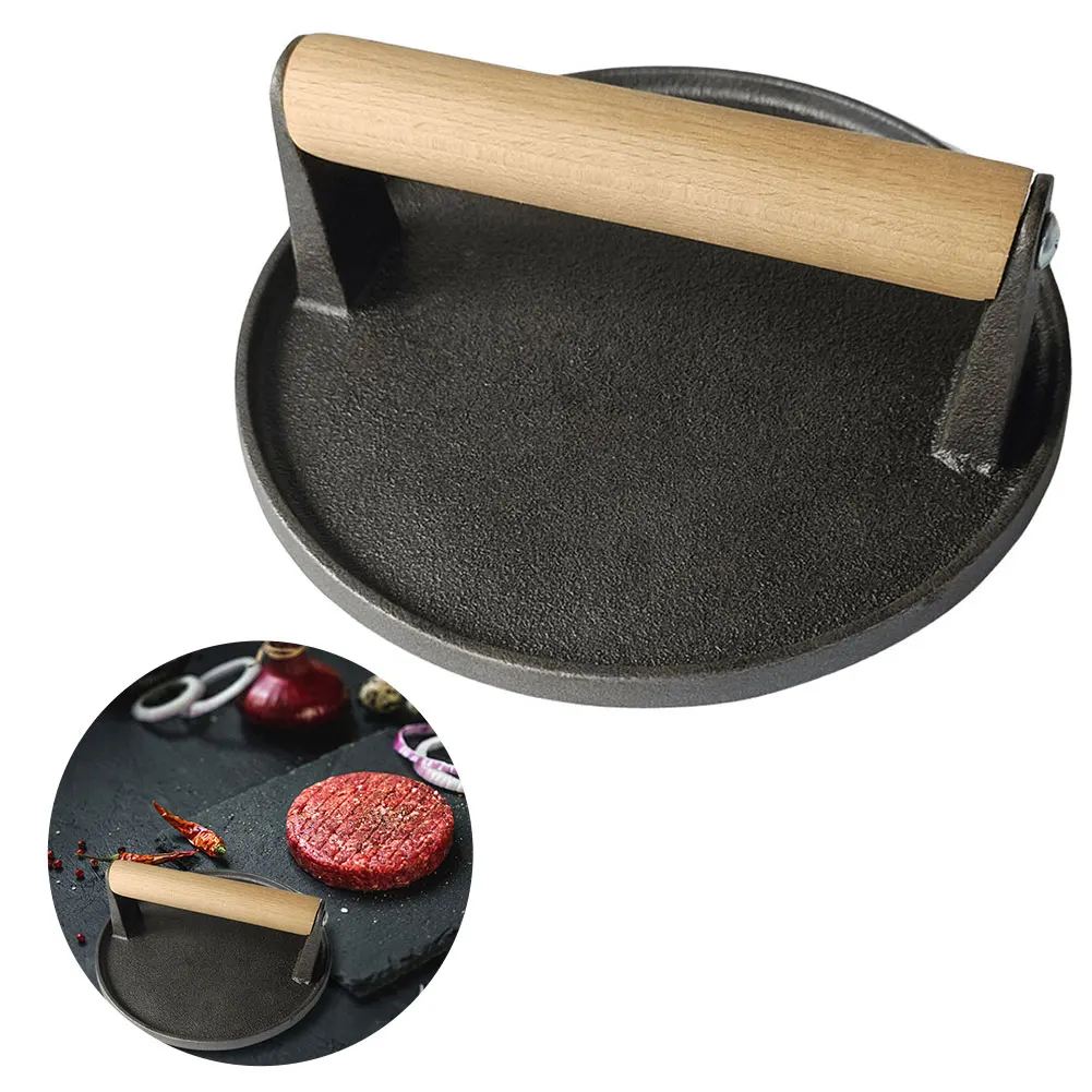 Cast Iron Burger Smasher Multifunctional Rectangle Hamburger Press with Wood Handle Thickened for BBQ Steaks Sandwiches Meats