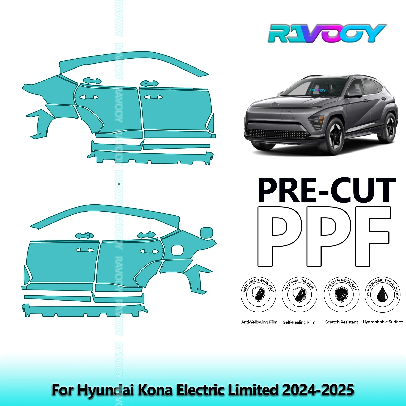 

For Hyundai Kona Electric Limited 2024-2025 8.5mil Clear Matte Pre-Cut PPF Door & A/B Pillar Kit TPU Paint Protection Film Set