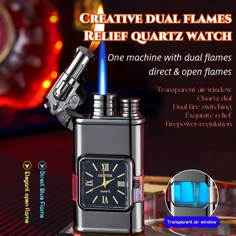 Crocodile Clock Double Flame Creative Butane Gas Lighter Metal Convenient Outdoor Windproof Turbine Torch Jet Recycling Lighter