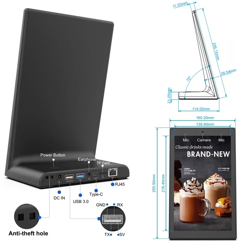 BOLRZO L-Type 10.1 Touch Screen RK3568 Rj45 Options NFC 2 + 16GB Restaurant Food Menu Order Android 11 Tablet