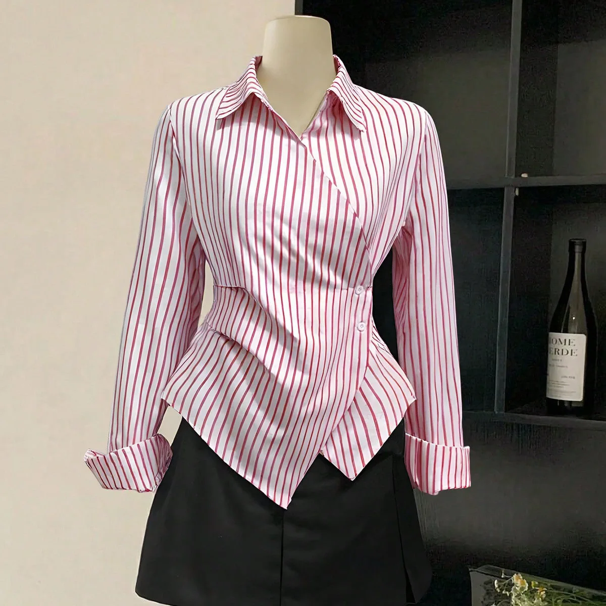 

Women's Irregular Waist-cinching Striped Shirt, New Spring Style, Elegant Lapel Long-sleeve Blouse