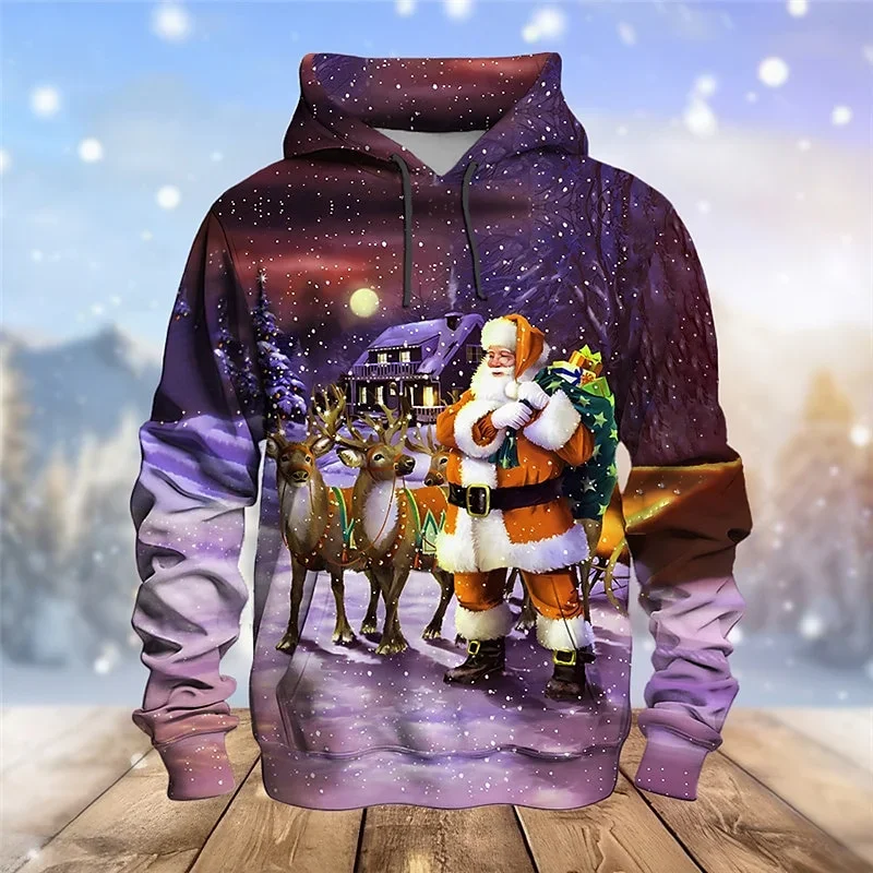 3D printed fun and ugly Santa Claus men's hoodie with Christmas reindeer pattern long sleeved casual sportswear suitable for bot