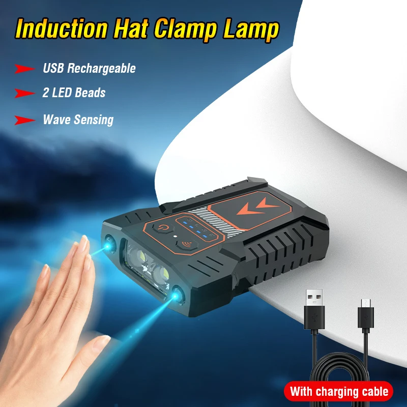 Head Torch Cap Clip Light USB Rechargeable LED Headlight with Motion Sensor Control Headlamp with Flash Function Head Flashlight