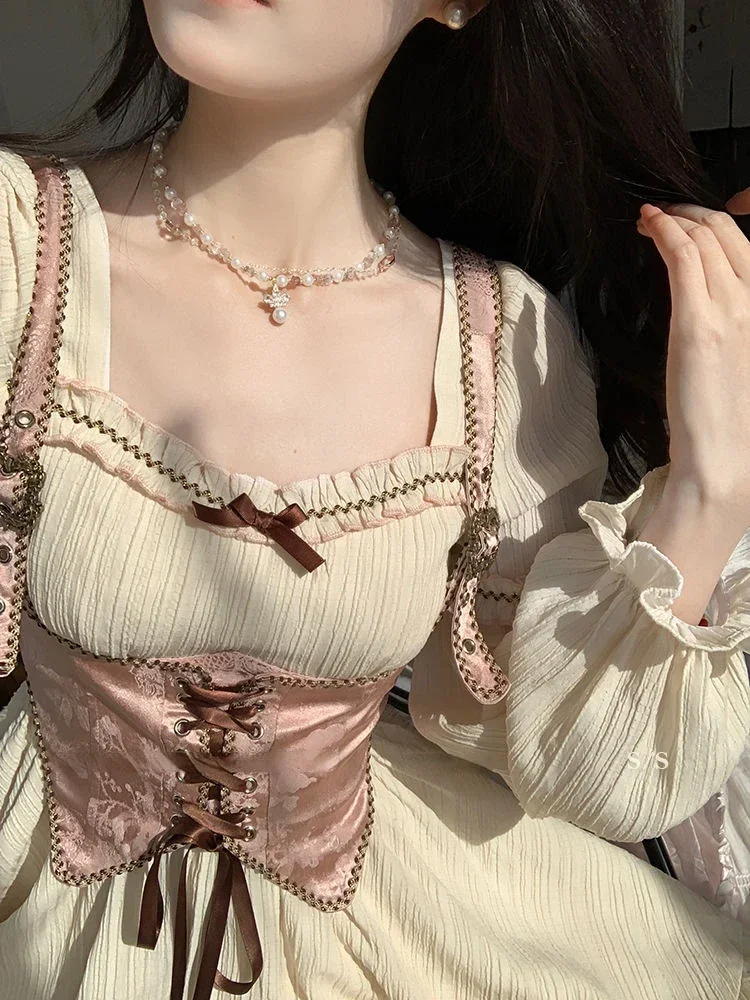 Pure Color Lolita 2 Piece Set Women Autumn Fashion Sweet Exquisite Suit Female Long Sleeve Dress + Lace-up Jacquard Waistcoat