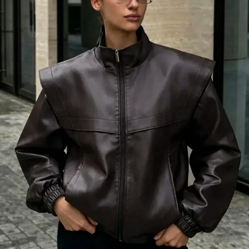 

OFTBUY Women Fashion Faux Leather Jacket Long Sleeve PU Jacket Stand Up Collar Imitation Versatile Elastic Hem Lady Autumn New