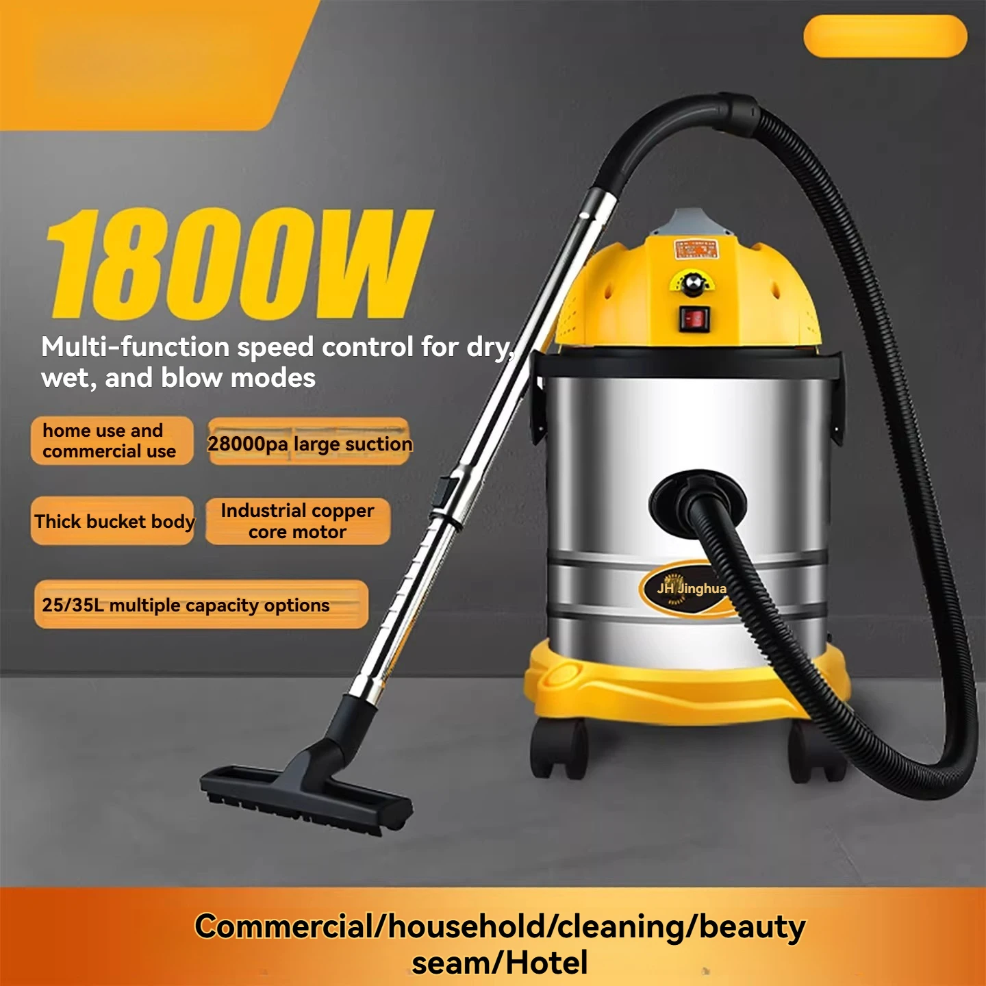 1800W Industrial Wet Dry Vacuum Cleaner Powerful Suction Dust Extractor for Construction Renovation Auto Car Washing
