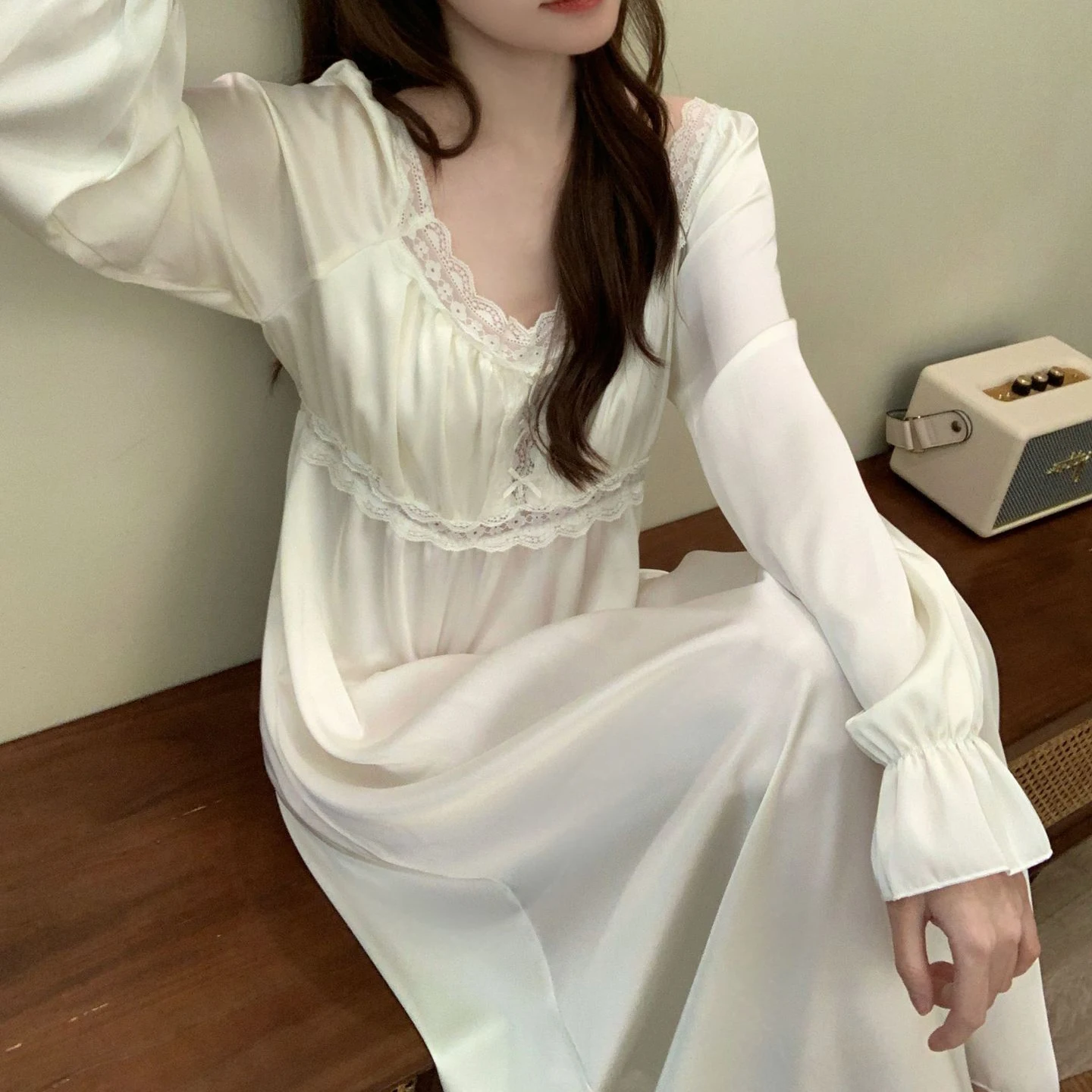 Square Neck Sleepdress Women Long Satin Nightgown Lace Patchwork Nightdress With Bowknot Summer Elegant Palace Style Sleepwear