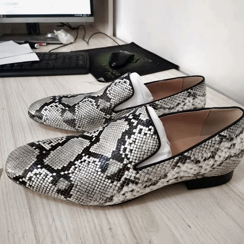 Grey Snake Skin Pattern Men Leather Loafers High Quality Slip On Men's Dress Shoes Flats Business Man Casual Shoes