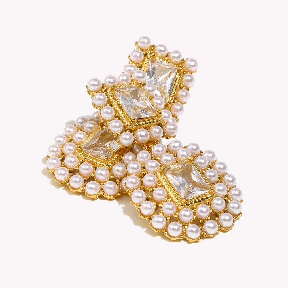 E.B.belle Fashion 18K Gold Plated Luxury Spliced Square Zircon Full Pearl Stud Earrings Women Party Chic Jewelry Non Tarnished