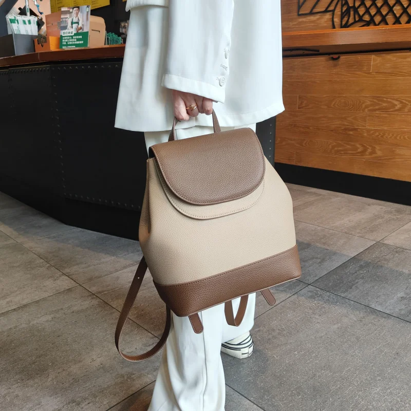 2024New First Layer Leather Backpackage Contrast Color Backpack All-Matching Leisure Schoolbag Ladies Travel Bag Factory Direct