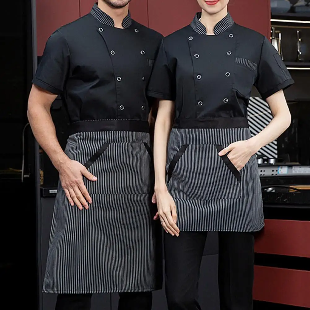 Veste de chef à double boutonnage, uniforme de chef professionnel, ensemble avec chemise à manches courtes, tablier respirant pour restaurant