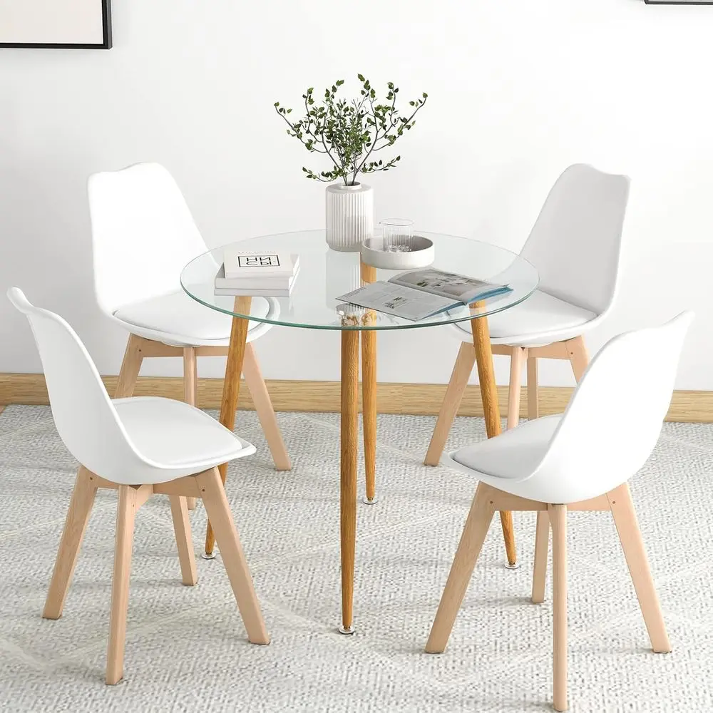 Dining Table Set for 4, Modern 5-Piece Dining Room Set w/ 1 Round Tempered Glass Table & 4 High Back Chairs, Customized