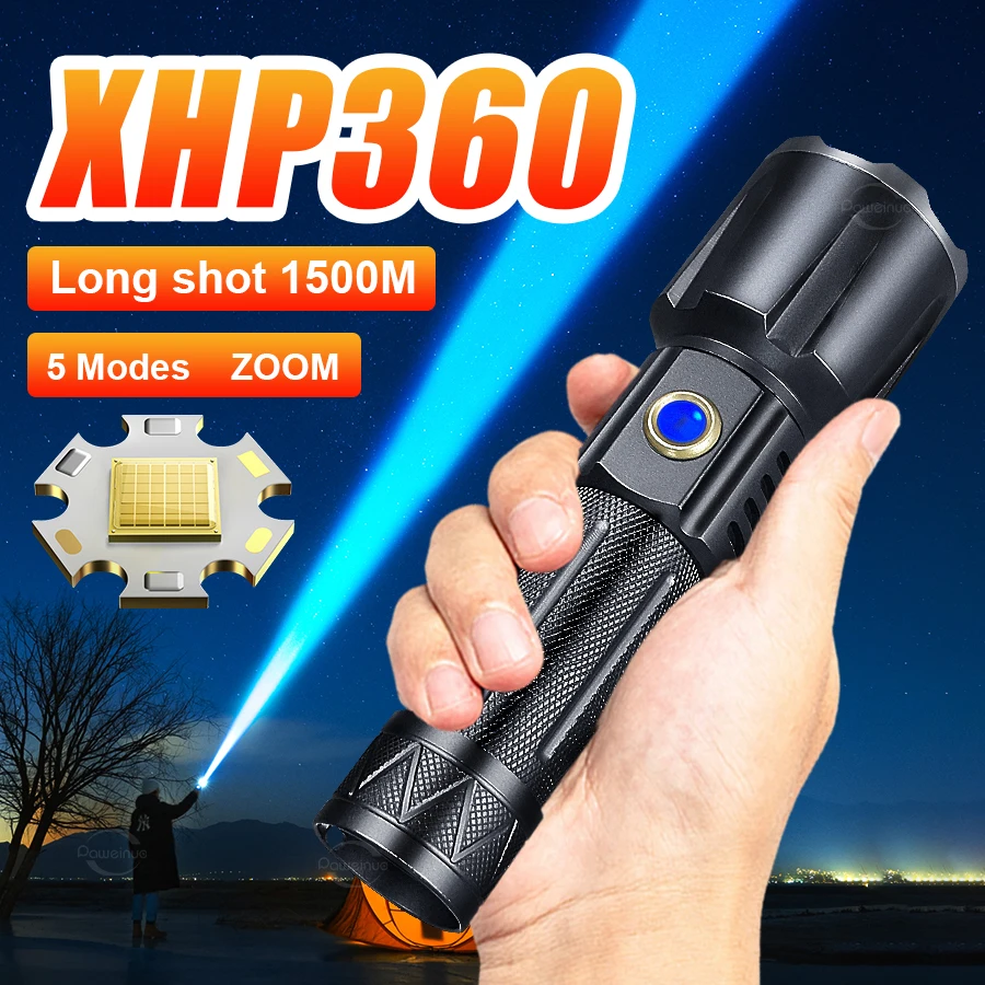 XHP360 Hochleistungs-LED-Taschenlampe, tragbar, wiederaufladbar, LED-Lampe, leistungsstarke Laterne, hohe Lumen, wiederaufladbar, extrem leistungsstarke Taschenlampe