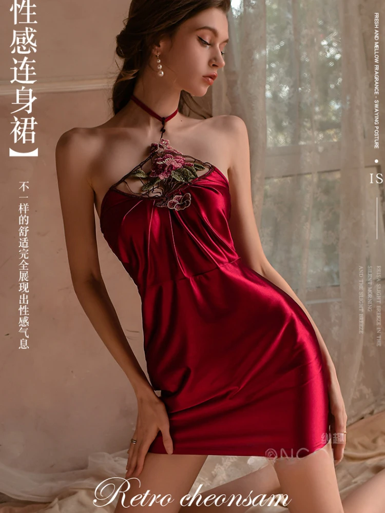 Sexy Antique Embroidered Cheongsam Halter Backless Satin Nightgown Chinese Ancient Traditional Lingerie Qiapo Role Play Uniform