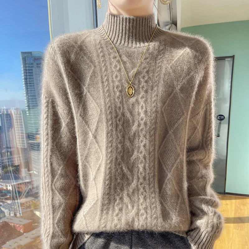 100% merino wool women\'s semi-high neck diamond twisted long sleeve thick sweater loose fashion knit bottoming shirt