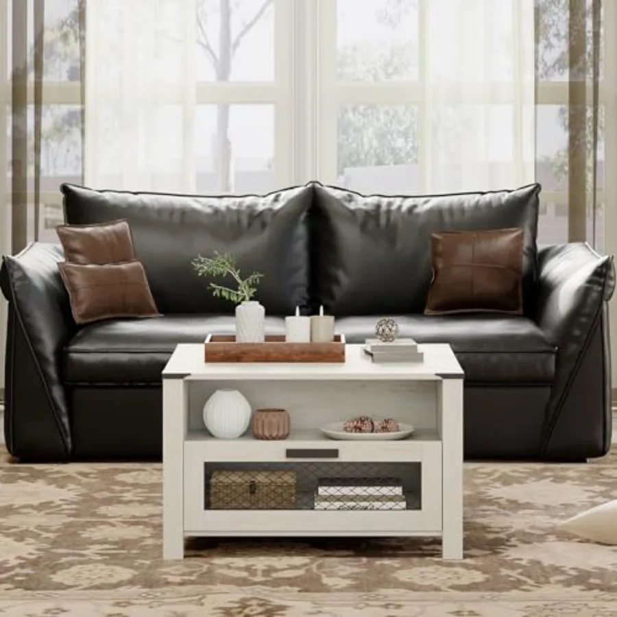 طاولة قهوة مربعة 30 بوصة، درج تخزين طاولة القهوة لغرفة المعيشة، طاولة مزرعة مع مقصورتين، رف مفتوح