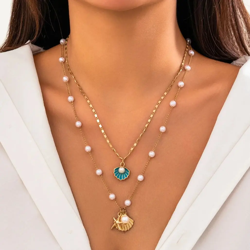 IngeSight.Z 2pcs/set Boho Natural Blue Scallop Starfish Pendant Necklaces Women Summer Beach Imitation Pearl Link Chain Necklace