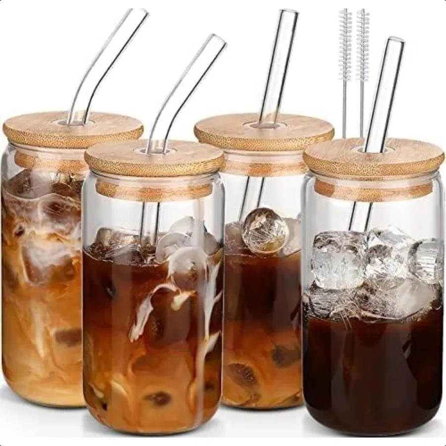 

DWTS DANWEITESI Glass Cups with Lids and Straws 4 pcs16oz Drinking Glasses Set for Coffee Bar Accories Iced Coffee Cups with Li