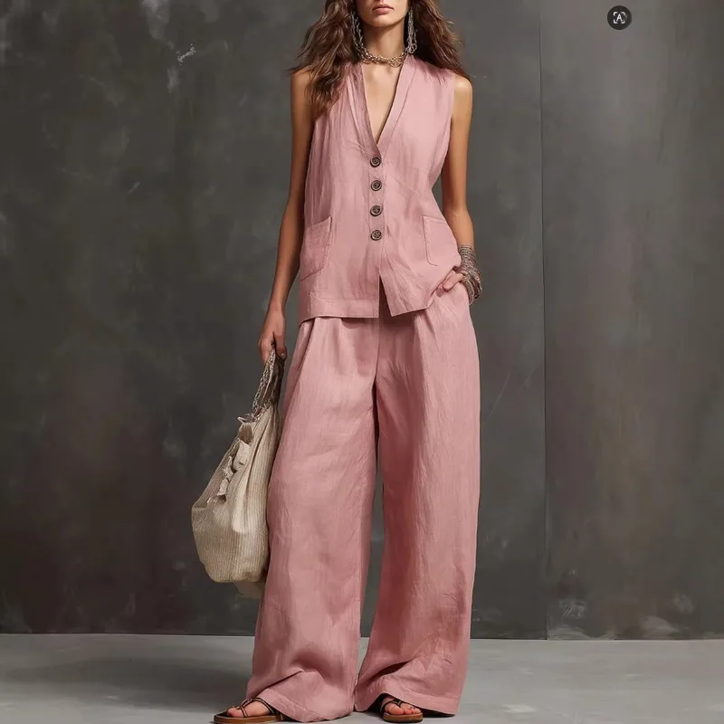 

Непринужденный стиль: комплект из безрукавки и широких брюк, нежный и стройнящий, европейско-американский летний женский костюм.