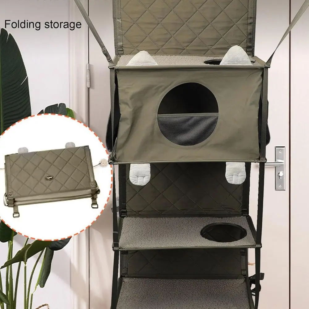 Multi-Level Door-Mounted Cat Tower with Hammock and Toys for Indoor Feline Fun