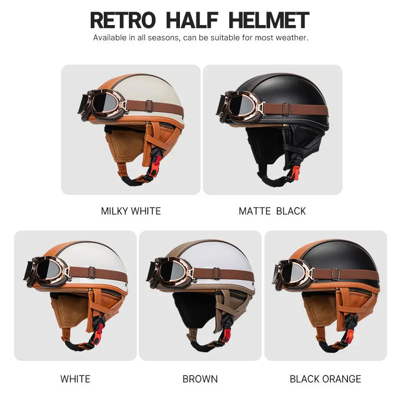 Retro Half Face Motorcycle Helmets Vintage Low Profile Open Face Helmet Leather DOT Approved Men Women Motorbike Scooter Helm