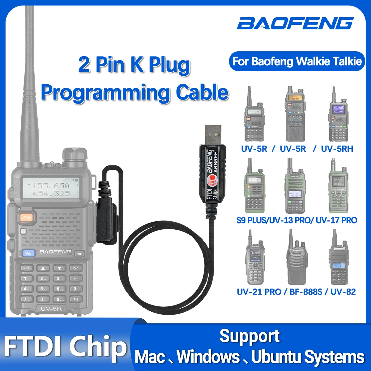 Baofeng FTDI USB Programming Cable With Driver CD 2 Pin K Plug For BF-888S UV-5R  UV-17 Pro 13 21 pro Handheld Ham Two Way Radio