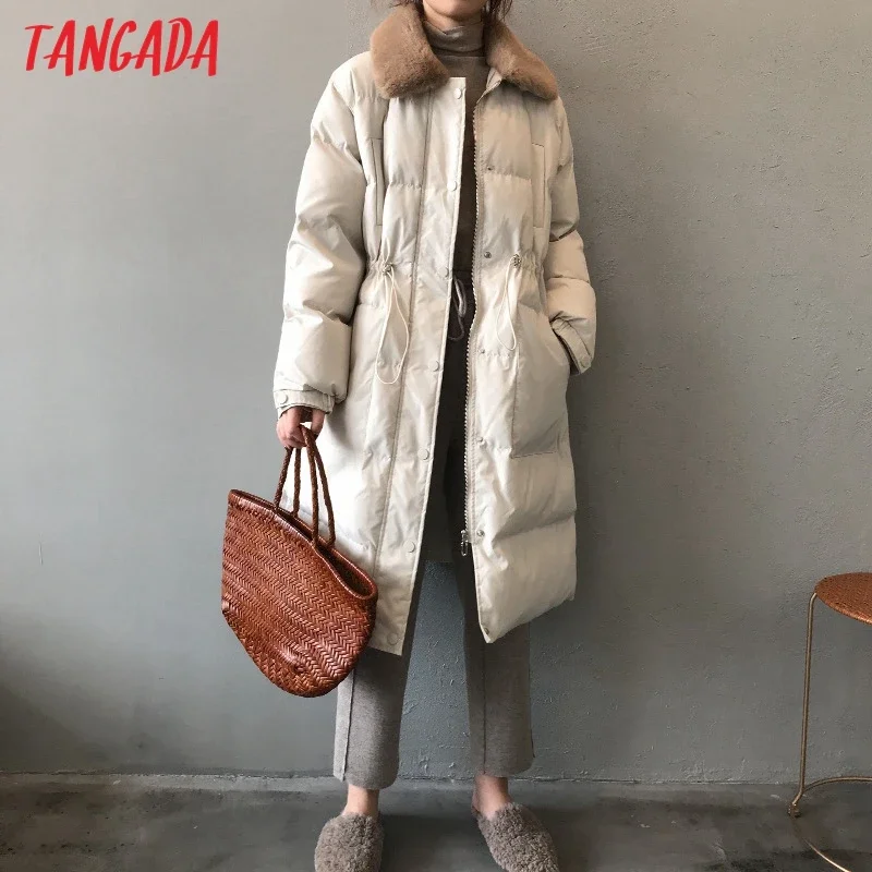 Tangada Women Fur Collar Oversize Long Parkas Thick 2020 Winter Long Sleeve Pockets Female Warm Overcoat ASF75